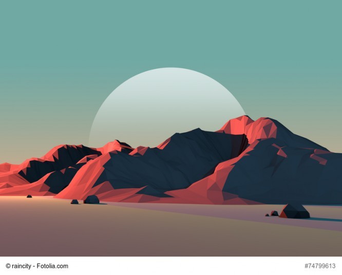 Low-Poly Mountain Landscape at Dusk with Moon